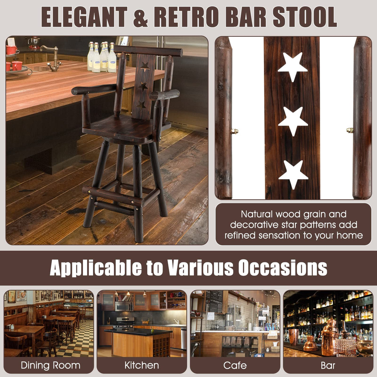 Brown Bar Stool, 29’’ Solid Fir Wood Bar Chair with Footrest, Decorative Star Backrest, Wide Armrest, Rustic Kitchen Stool