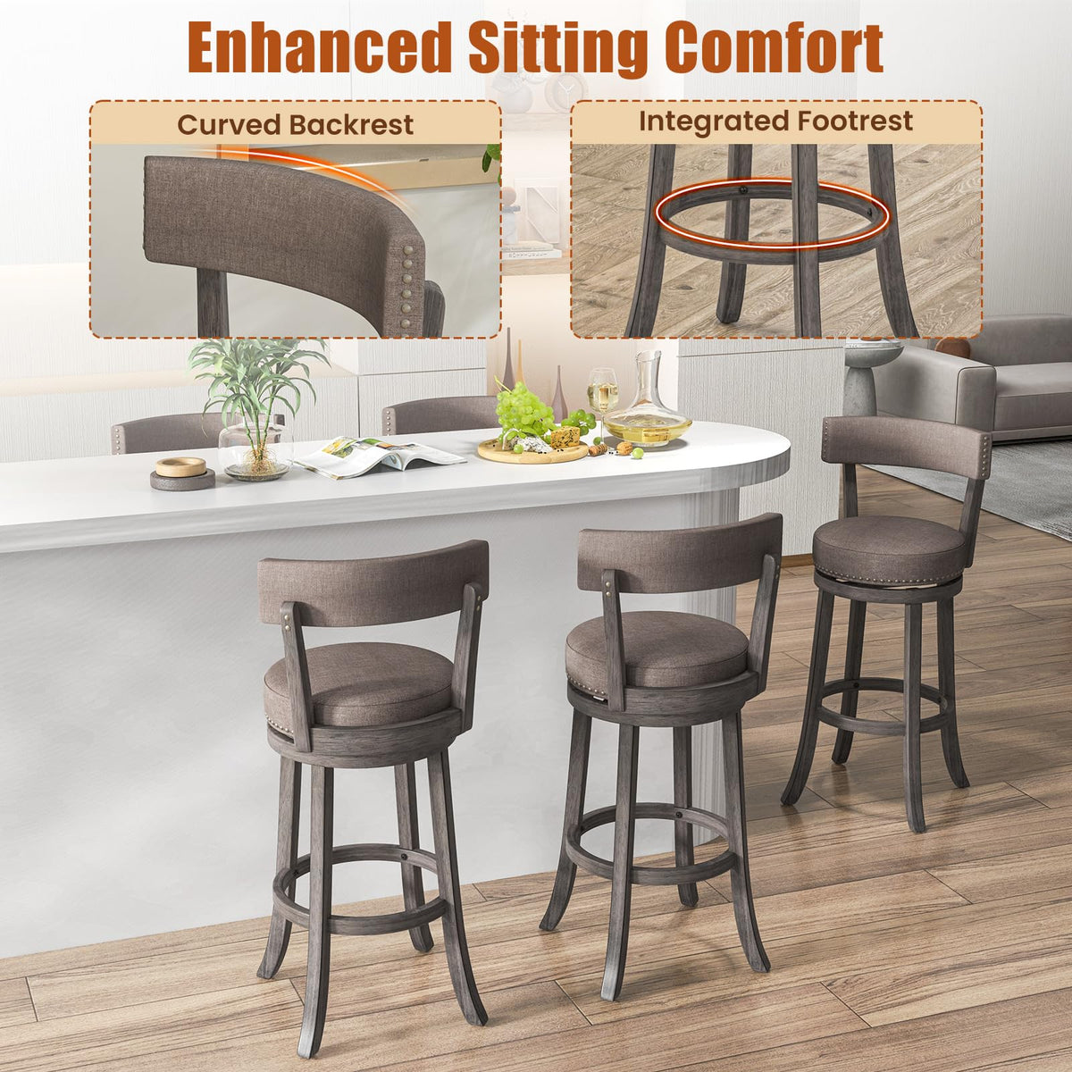 Goflame 31" Bar Stools Set, Swivel Bar Height Bar Chairs with Footrest, Rubber Wood Frame
