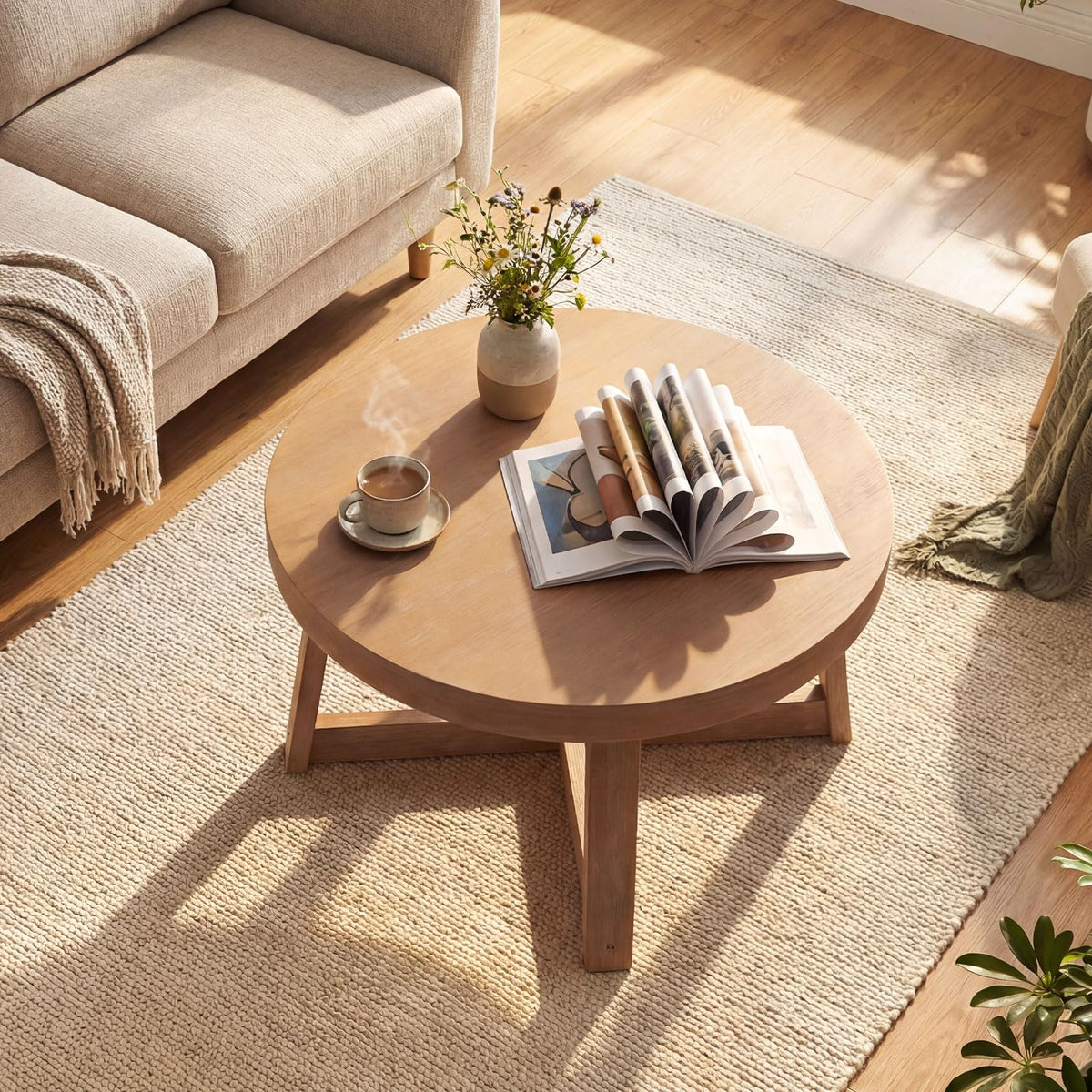 Goflame 30" Wood Center Table with Thickened Tabletop & Cross-Shaped Pine Wood Frame