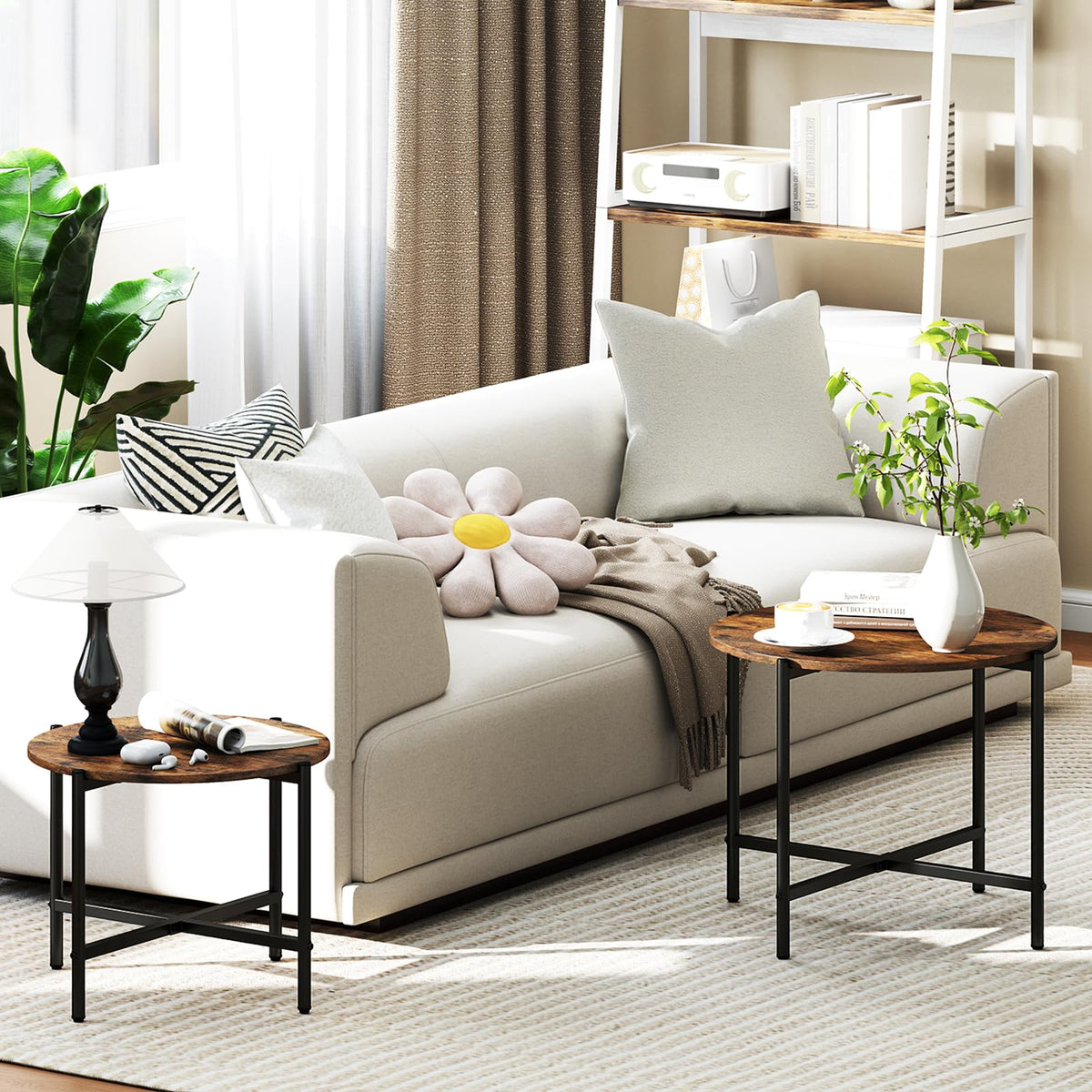 Goflame Round Coffee Table Set of 2, Nesting Tables with Metal Frame, Imitated Wood Grain Top