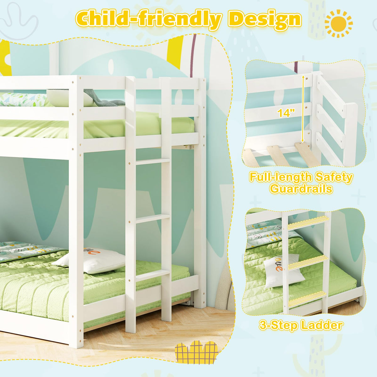 Goflame House Bunk Bed Twin Over Twin, Solid Wood Floor Bunk Bed with Built in Ladder, Window & Safety Guardrail