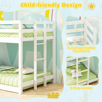Goflame House Bunk Bed Twin Over Twin, Solid Wood Floor Bunk Bed with Built in Ladder, Window & Safety Guardrail