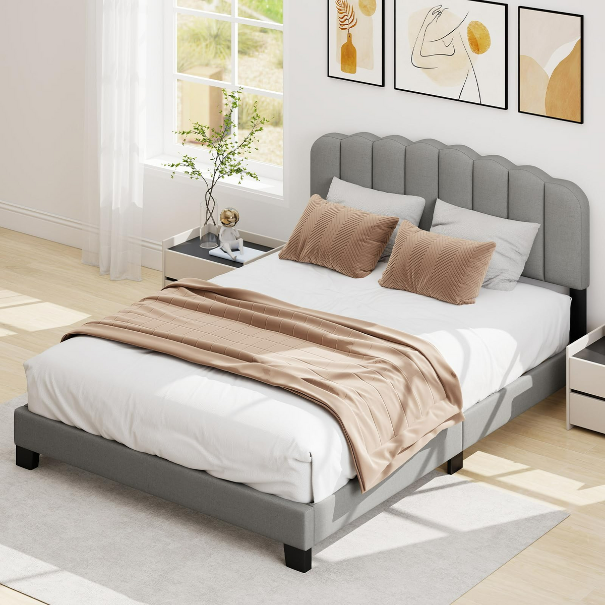 Goflame Queen Bed Frame Linen Upholstered Platform Bed with Adjustable Scalloped Tufted Headboard