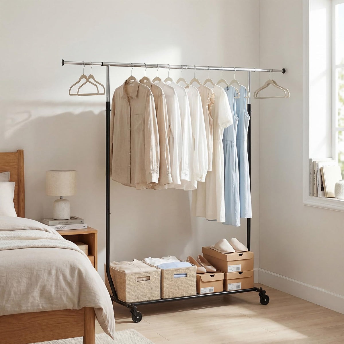 Goflame Extendable Heavy-Duty Rolling Clothing Rack for Hanging Clothes