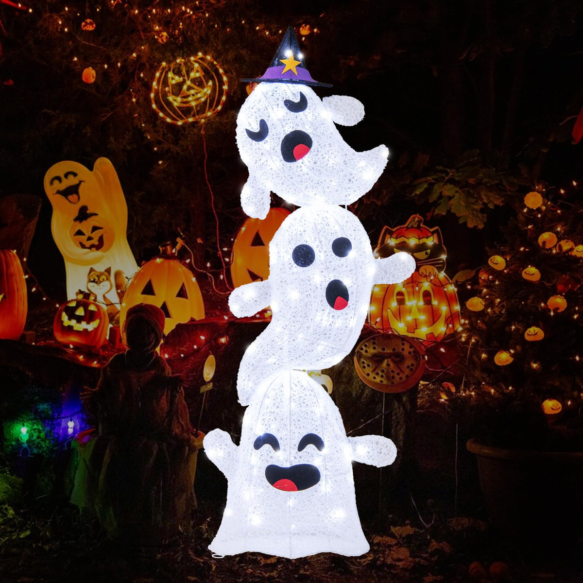 Goflame 4 Ft Halloween Decorations Outdoor Stacked Ghosts, Free-Standing Cute Yard Decorations