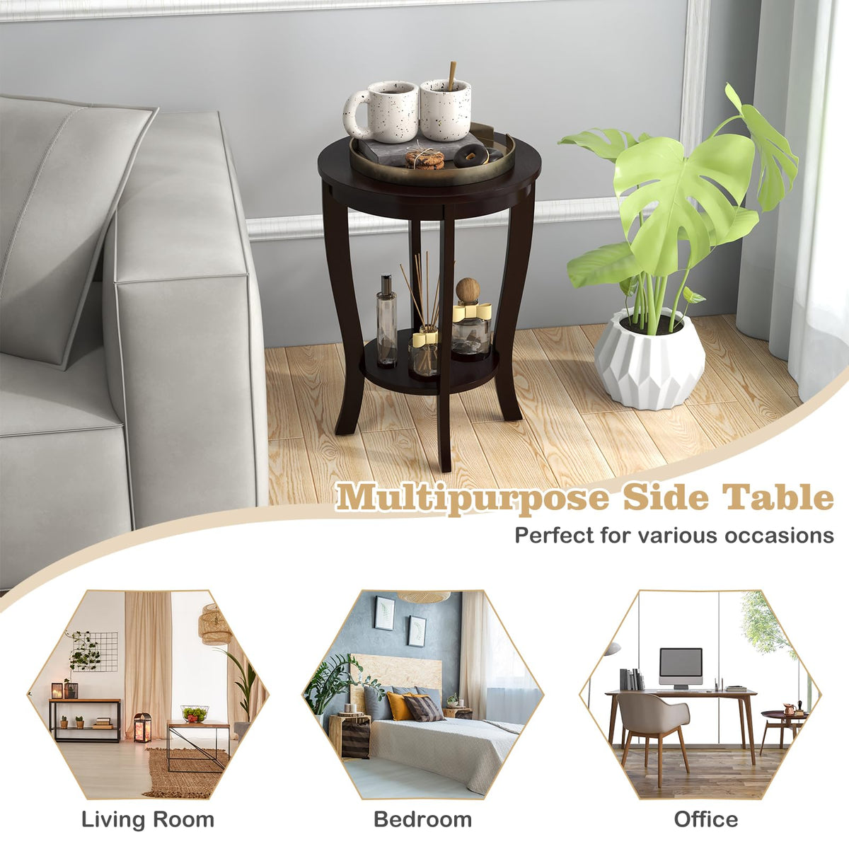Goflame Round End Table with Storage Shelf Set of 2, Retro Nightstand with Solid Wood Legs, 24.5" Accent Table for Small Spaces