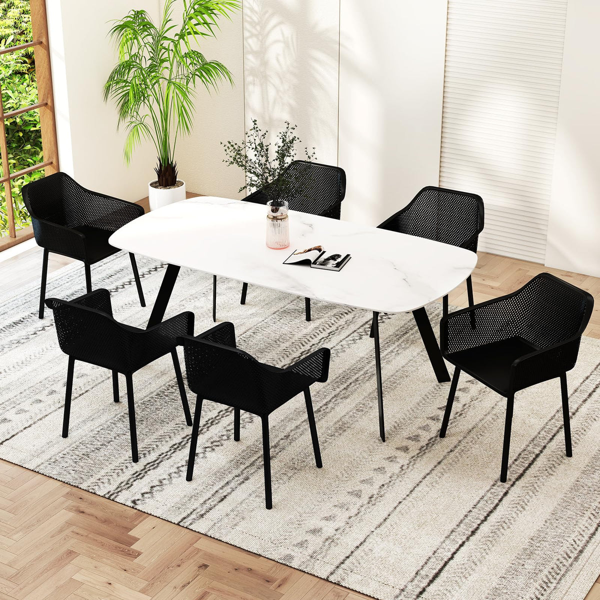 Goflame Plastic Dining Chairs Set of 2/4 Black Kitchen Armchair w/Breathable Mesh Backrest