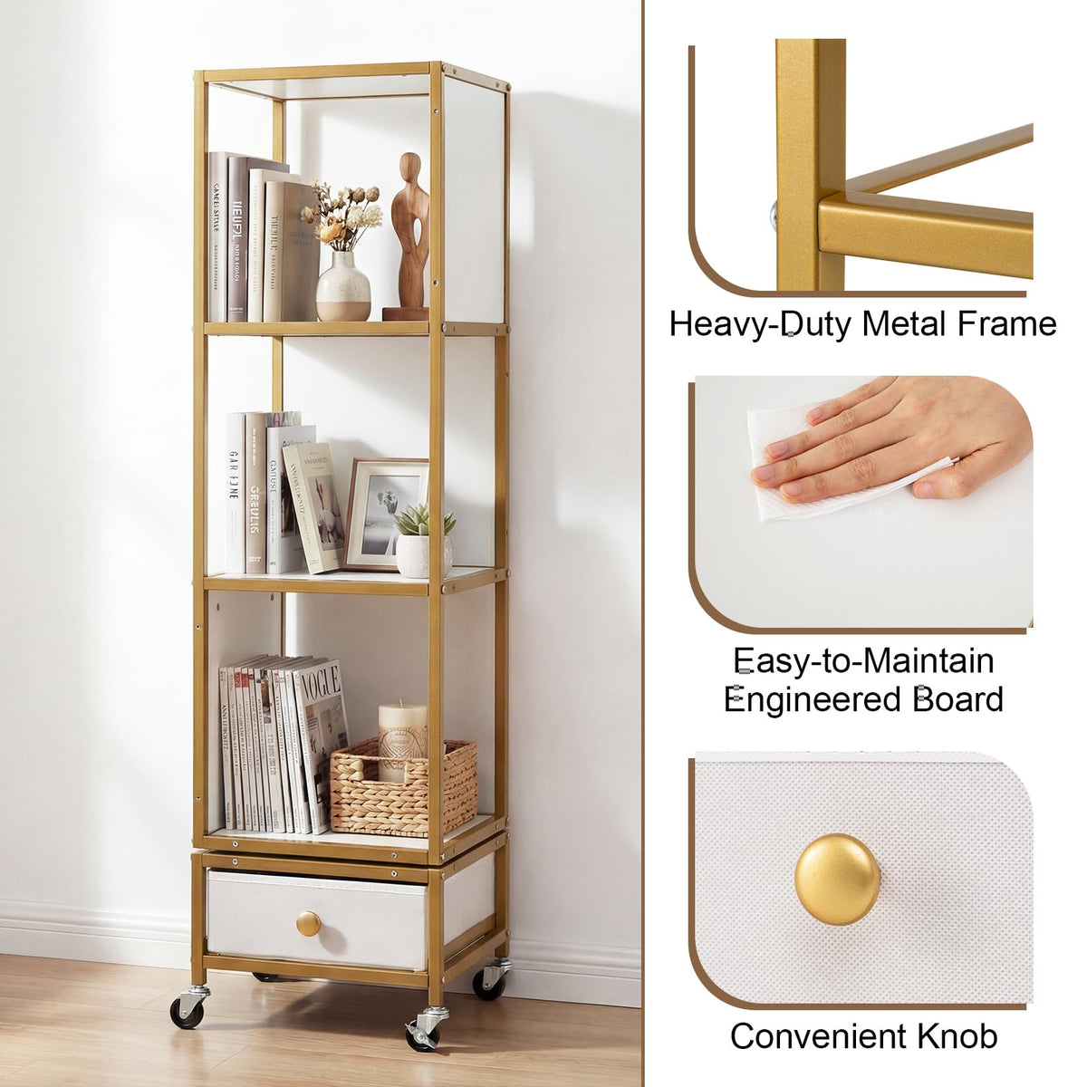 Goflame 4-Tier Rotating Bookshelf | 360° Spinning Corner Book Shelf Tower W/Removable Fabric Storage Drawer