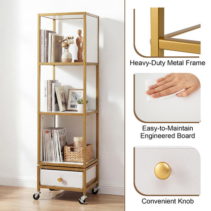 Goflame 4-Tier Rotating Bookshelf | 360° Spinning Corner Book Shelf Tower W/Removable Fabric Storage Drawer