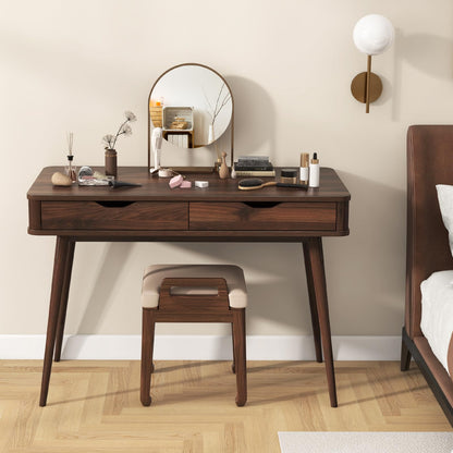Goflame Mid-Century Desk with 2 Drawers, 43.5" Writing Study Desk with Solid Rubber Wood Legs