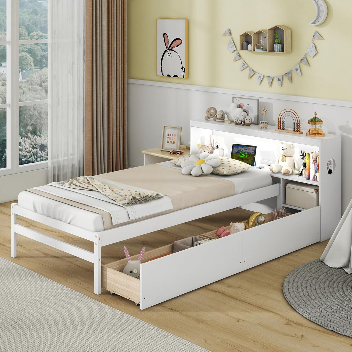 Goflame Wood Twin Bed Frame with Storage Drawer & Headboard, Modern Platform Bed with Charging Station & LED Light