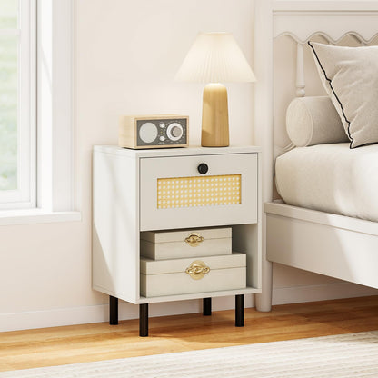 Goflame Rattan Nightstand Boho End Table with Rattan Drawer and Open Shelf