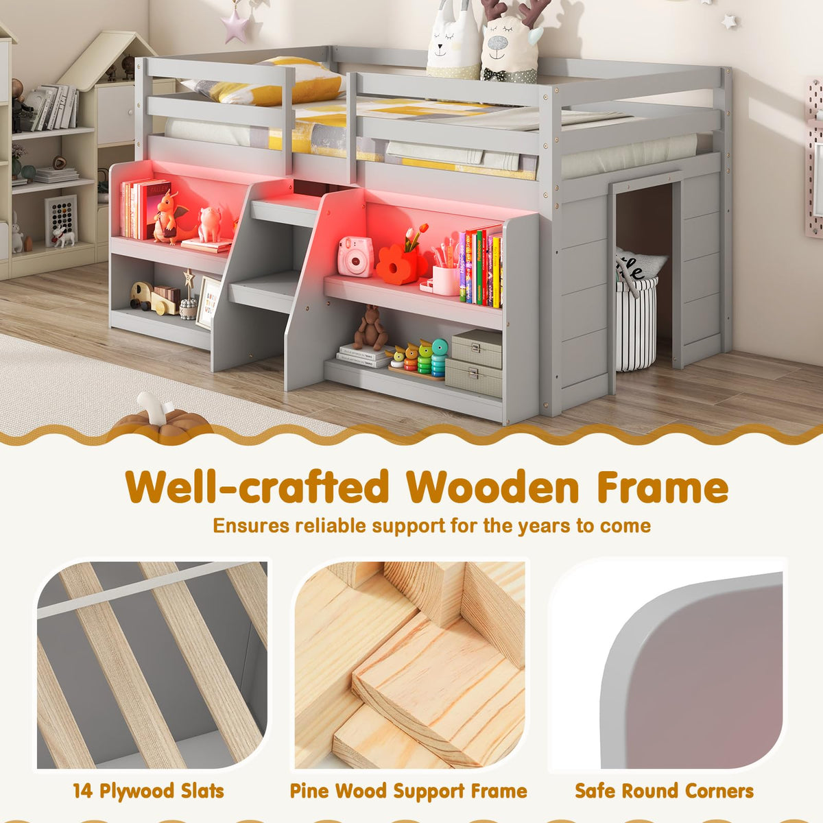 Goflame Low Loft Bed with LED Lights, Wooden Twin Loft Bed with Stairs & Safety Guardrail