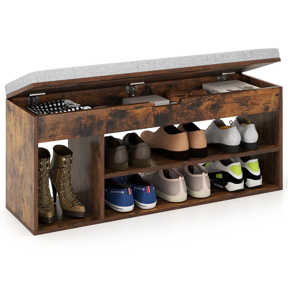 Goflame 3 Tier Shoe Rack Organizer with Flip Top Storage and Padded Seat Cushion