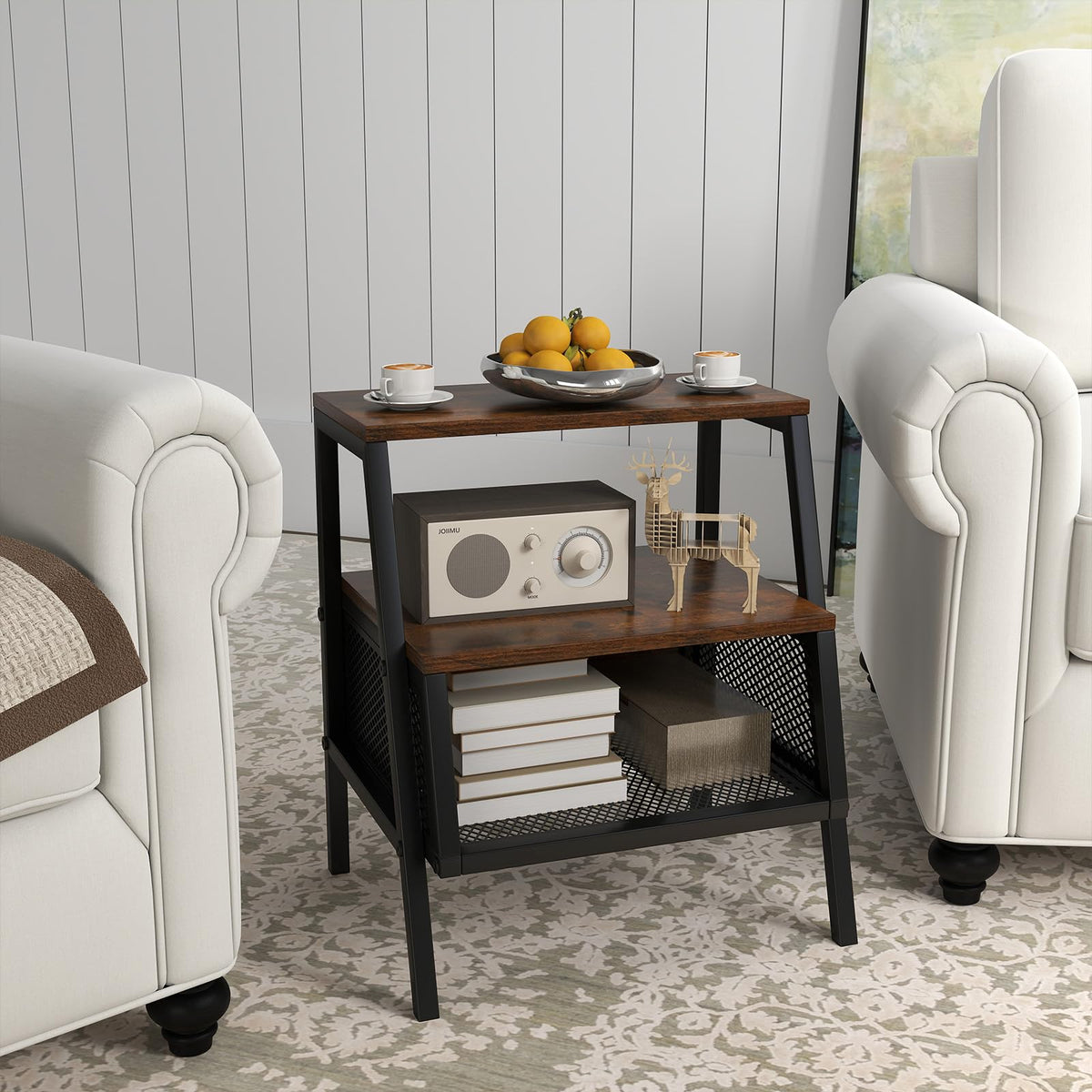 Goflame Industrial Nightstand 3-Tier End Table with 2 Open Shelves and Metal Mesh Compartment