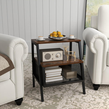 Goflame Industrial Nightstand 3-Tier End Table with 2 Open Shelves and Metal Mesh Compartment