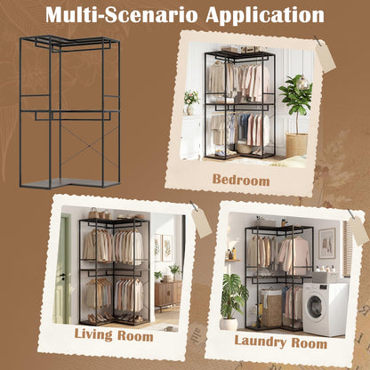 Goflame Heavy Duty Clothes Rack | 3-Tier L-Shaped Garment Rack w/3 Open Shelves & 2 Hanging Racks