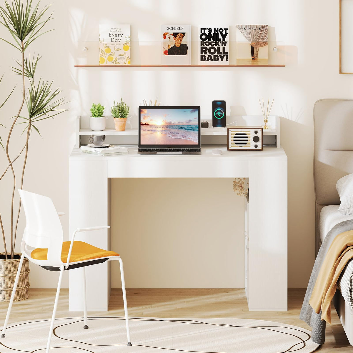 Goflame White Desk with Storage Shelves