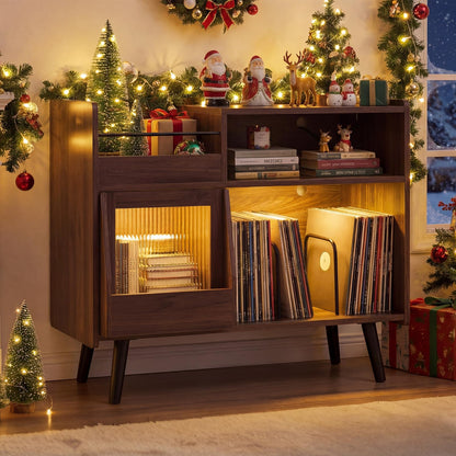 Goflame Record Player Stand with LED Light and Power Outlets Large Turntable Stand with Sliding Door