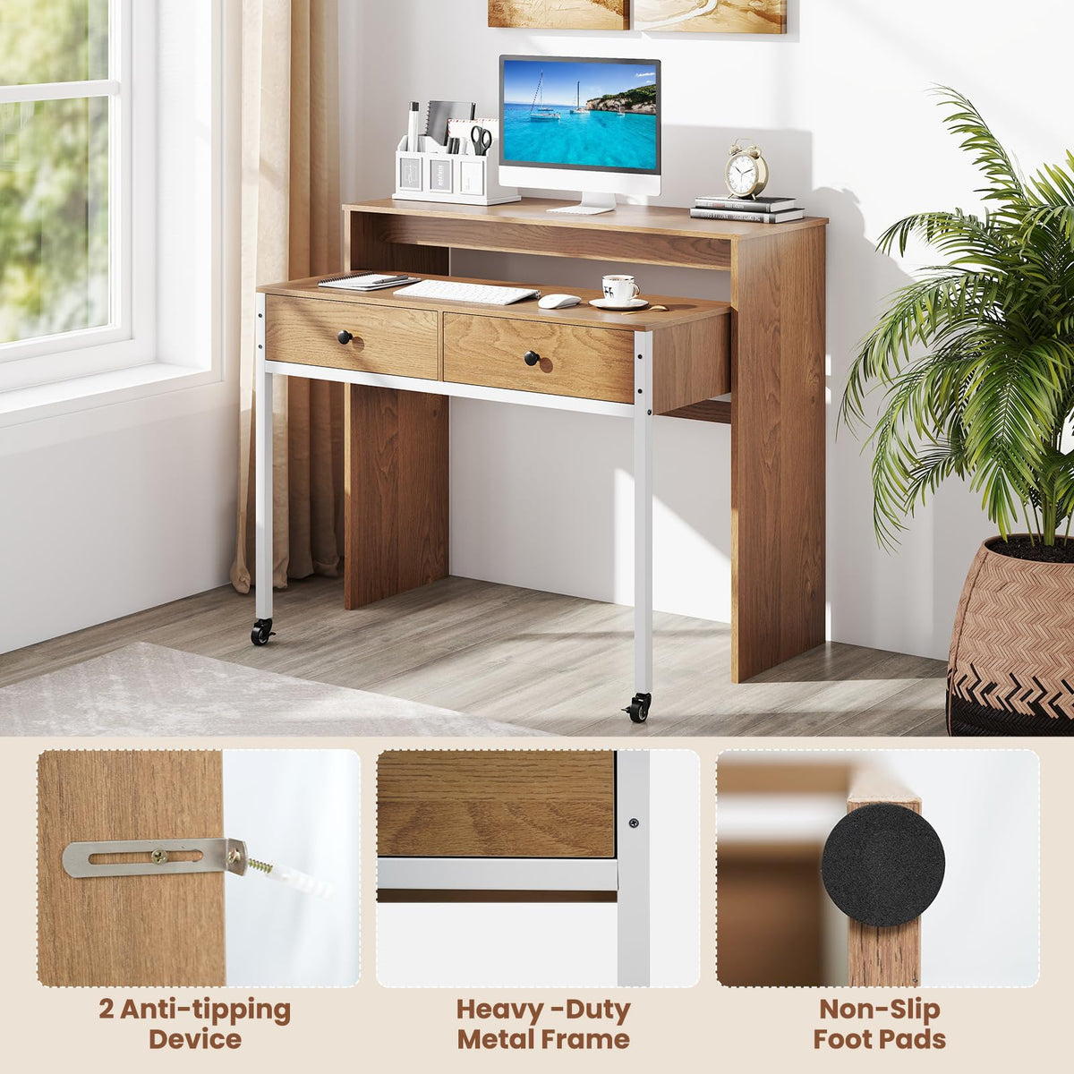 Goflame Small Computer Desk with Hutch & Drawers