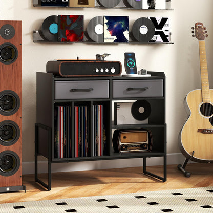 Goflame Large Record Player Stand with Charging Station Mid Century Modern Vinyl Storage Cabinet