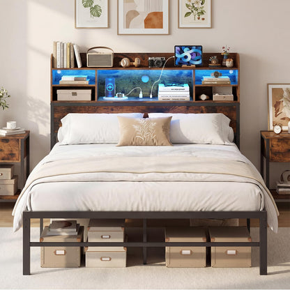 Goflame Full Size Industrial Metal Bed Frame with LED Lights & Charging Station