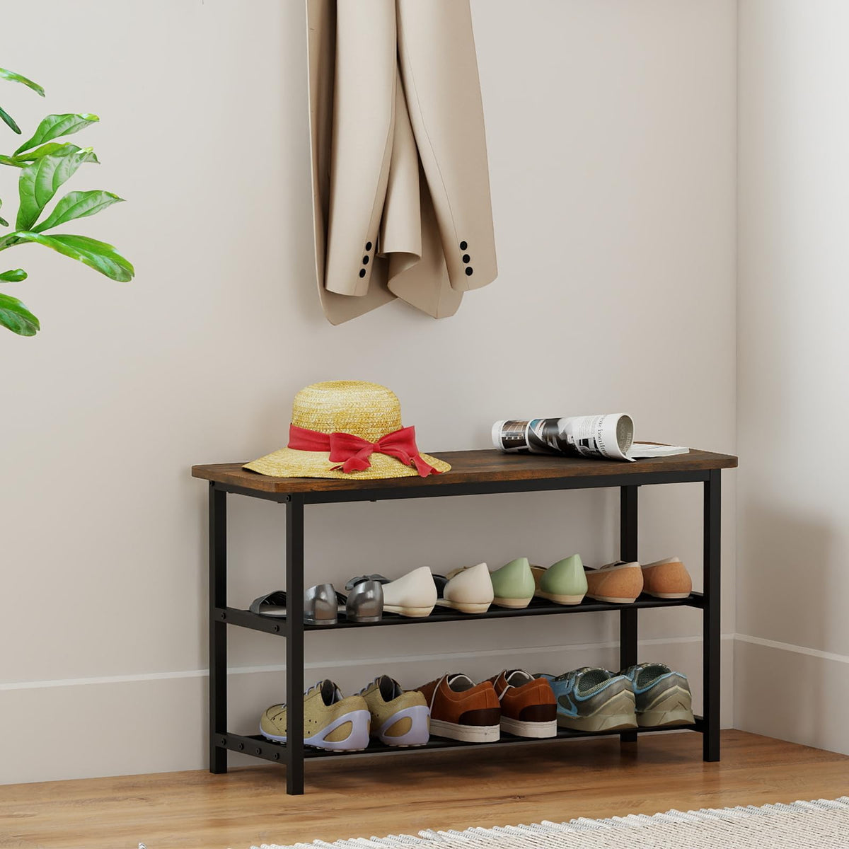 Goflame 3-Tier Shoe Bench 32" L Shoe Organizer Storage Bench with Metal Slat Shelves & Seat