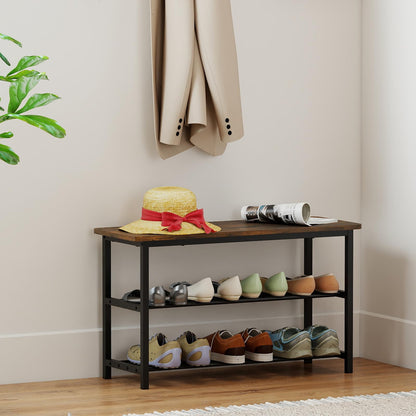 Goflame 3-Tier Shoe Bench 32" L Shoe Organizer Storage Bench with Metal Slat Shelves & Seat