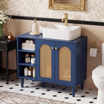 Goflame 36" Bathroom Under Sink Storage Cabinet with 2 Rattan Doors