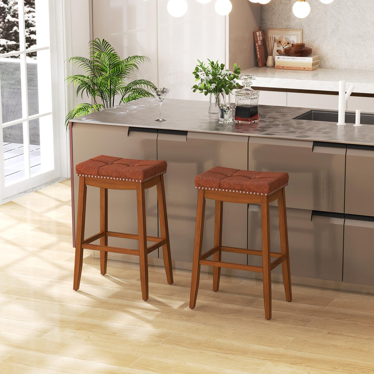 Goflame Bar Stools Set, 29" Counter Height Bar Stools w/Saddle Seat, Footrest, Rivet, Button Tufted, Rubber Wood Frame