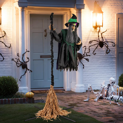 Witch with Broomstick Halloween Animatronic, Life Size Animated Halloween Prop with Laughing and Screaming Sound