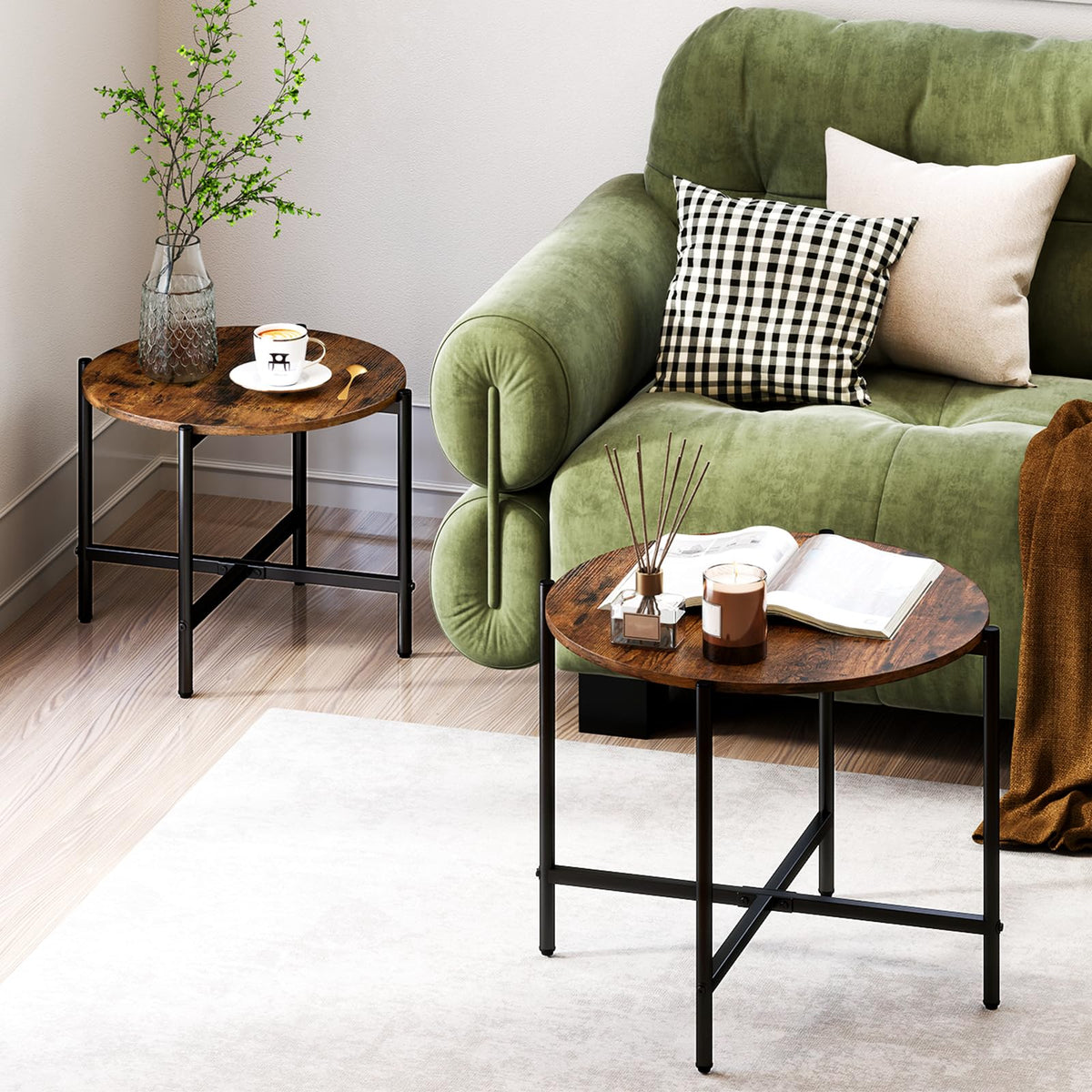 Goflame Round Coffee Table Set of 2, Nesting Tables with Metal Frame, Imitated Wood Grain Top