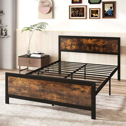 Goflame Metal Full Size Platform Bed Frame with Wood Headboard and Footboard