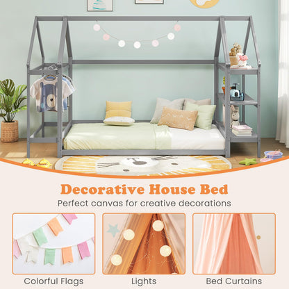 Goflame Twin Floor Bed, Wood Montessori Floor Bed with Detachable 3 Tier Storage Bookshelf & Clothes Rack