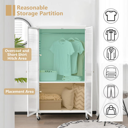 Portable Closet with Rollers, Mobile Metal Armoire Closet with Hanging Rod