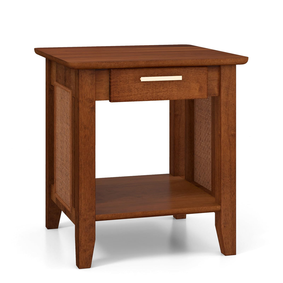 Goflame Rattan Nightstand with Drawer, Mid Century End Table with Storage Shelf, Sofa Side Table with Solid Rubber Wood Legs