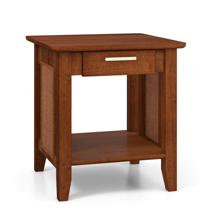 Goflame Rattan Nightstand with Drawer, Mid Century End Table with Storage Shelf, Sofa Side Table with Solid Rubber Wood Legs