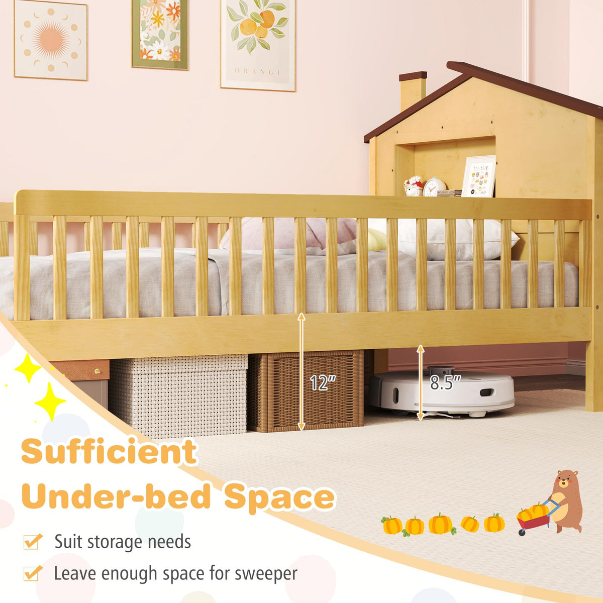Goflame Twin Bed Frames for Kids, Solid Wood Montessori Bed with House-Shaped Headboard & Built-in Storage Shelf