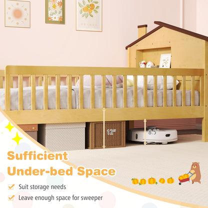 Goflame Twin Bed Frames for Kids, Solid Wood Montessori Bed with House-Shaped Headboard & Built-in Storage Shelf
