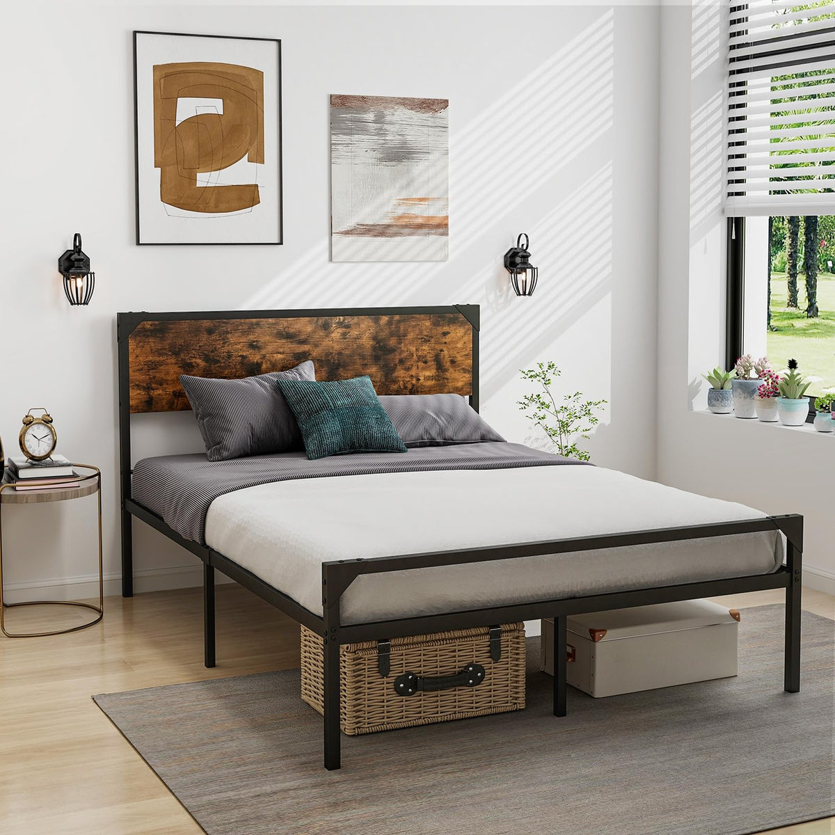 Goflame Full Size Bed Frame with Rustic Headboard & Footboard, Strong Metal Slat Support Mattress Foundation