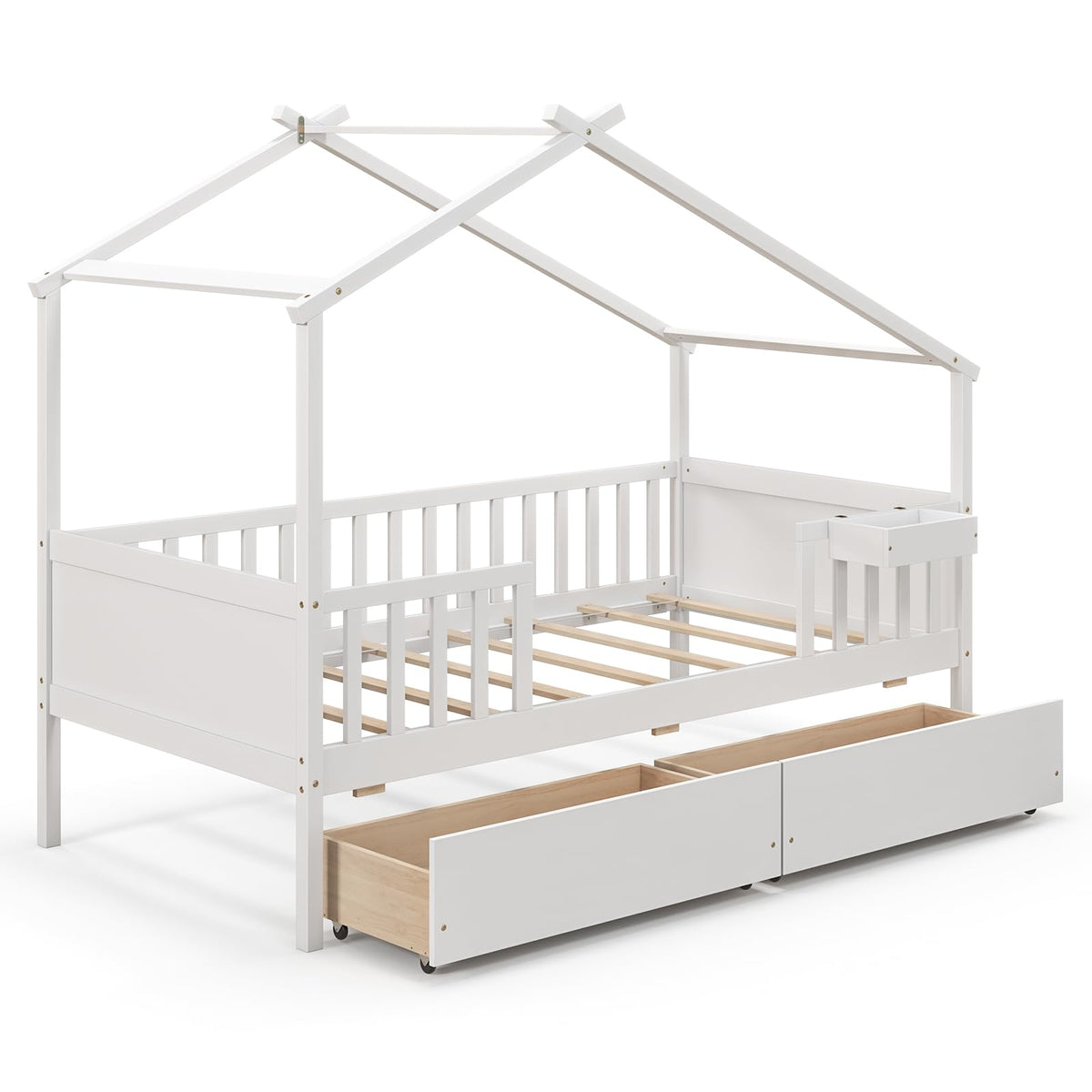 Goflame Twin House Bed with Drawers, Wooden Twin Bed Frame with Cube Storage & Fence Rails