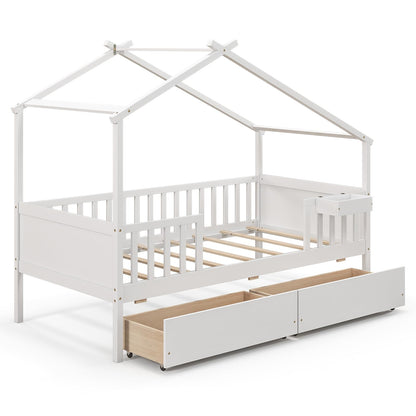 Goflame Twin House Bed with Drawers, Wooden Twin Bed Frame with Cube Storage & Fence Rails