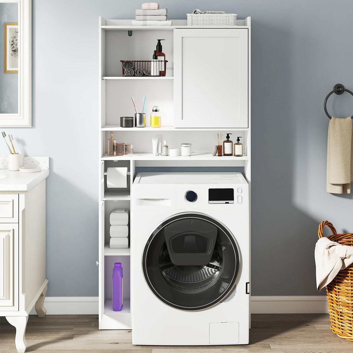 Goflame Over The Toilet Storage Cabinet Standing Toilet Rack with Sliding Door
