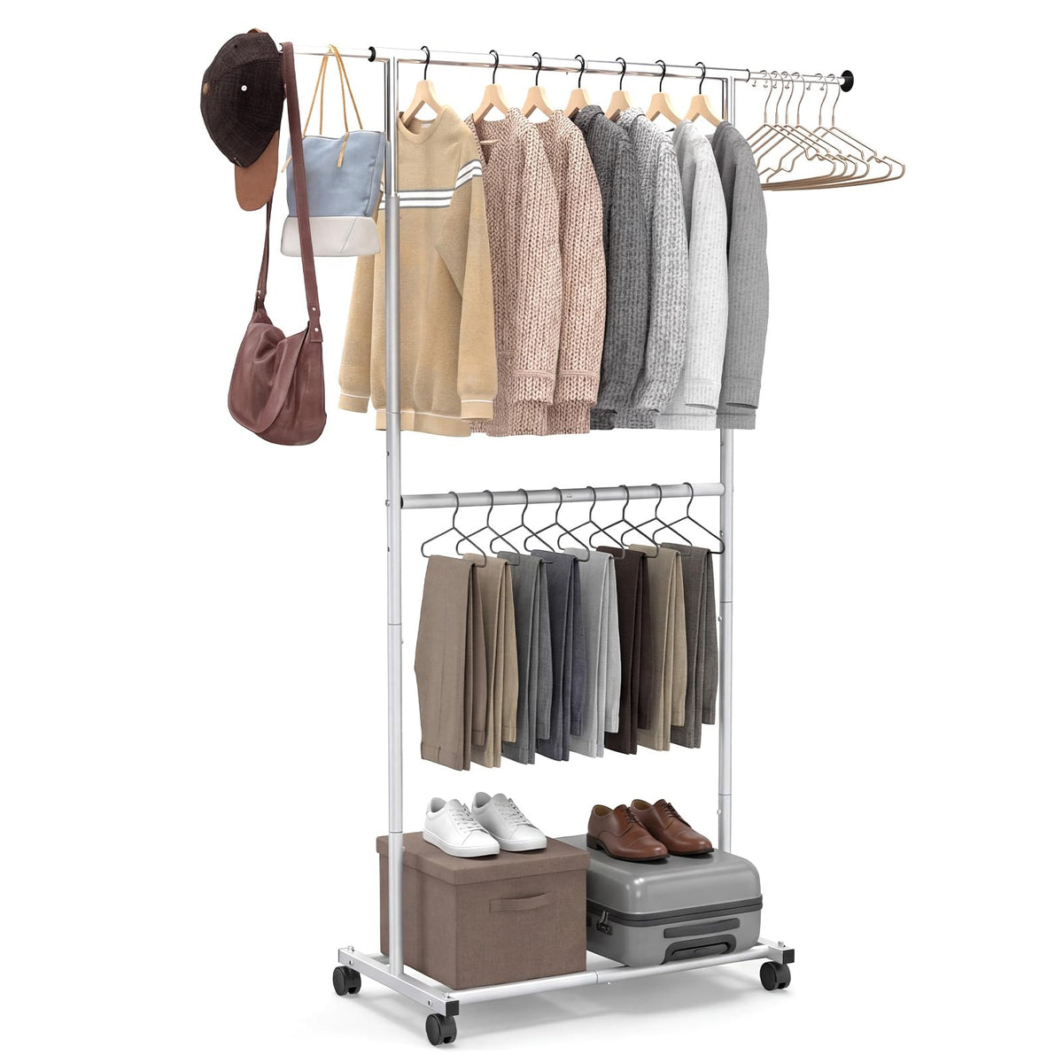 Goflame Extendable Double-Rod Rolling Clothing Rack for Hanging Clothes