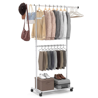 Goflame Extendable Double-Rod Rolling Clothing Rack for Hanging Clothes