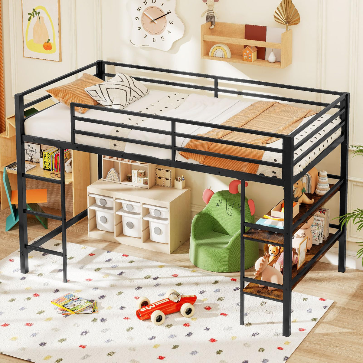 Goflame Low Loft Bed Twin Size Heavy Duty Metal Frame w/Storage Shelves