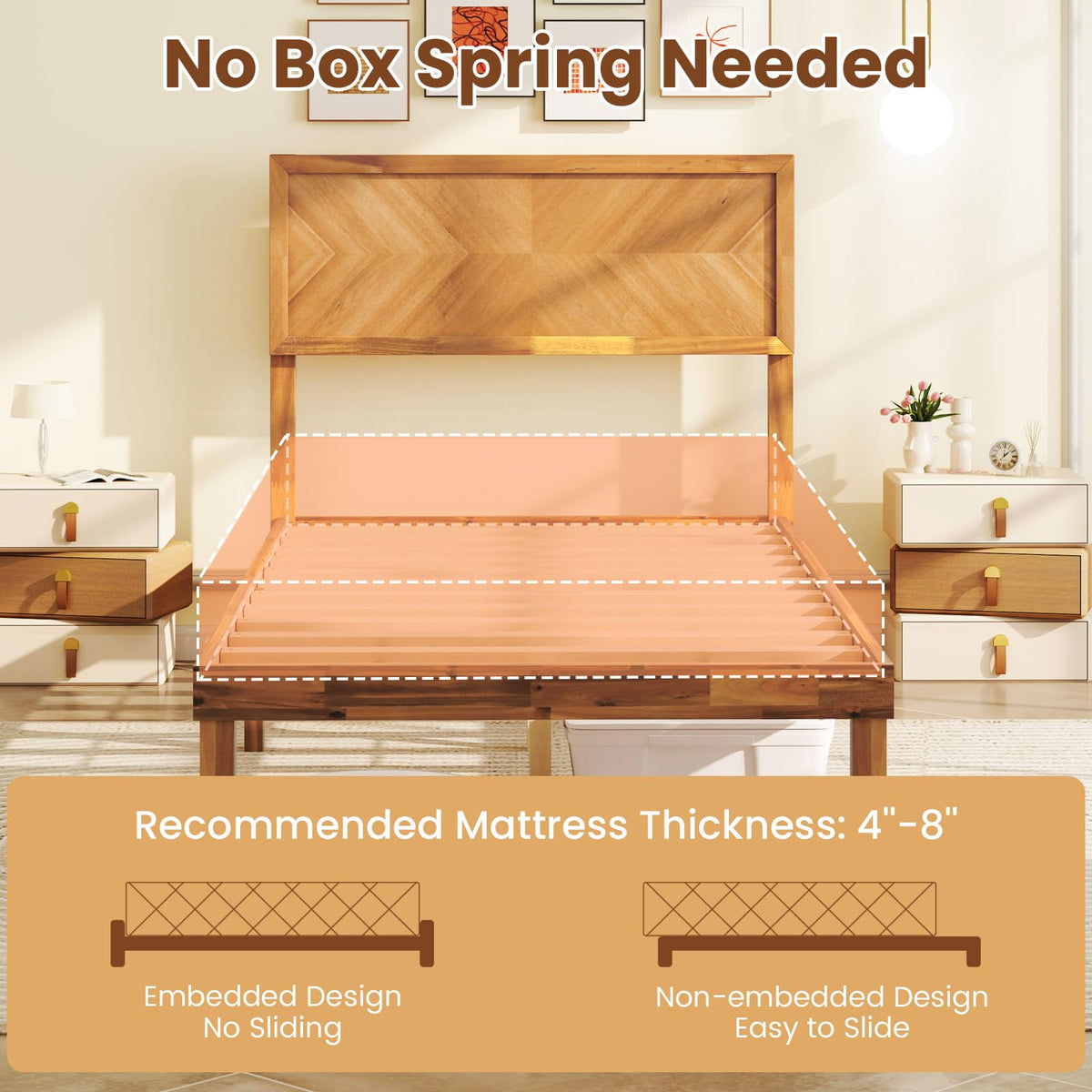 Goflame Wood Twin Bed/Full Size Bed/Queen Bed Frames with Headboard, Solid Acacia Wood Platform Bed with 12 Strong Wooden Slat Support