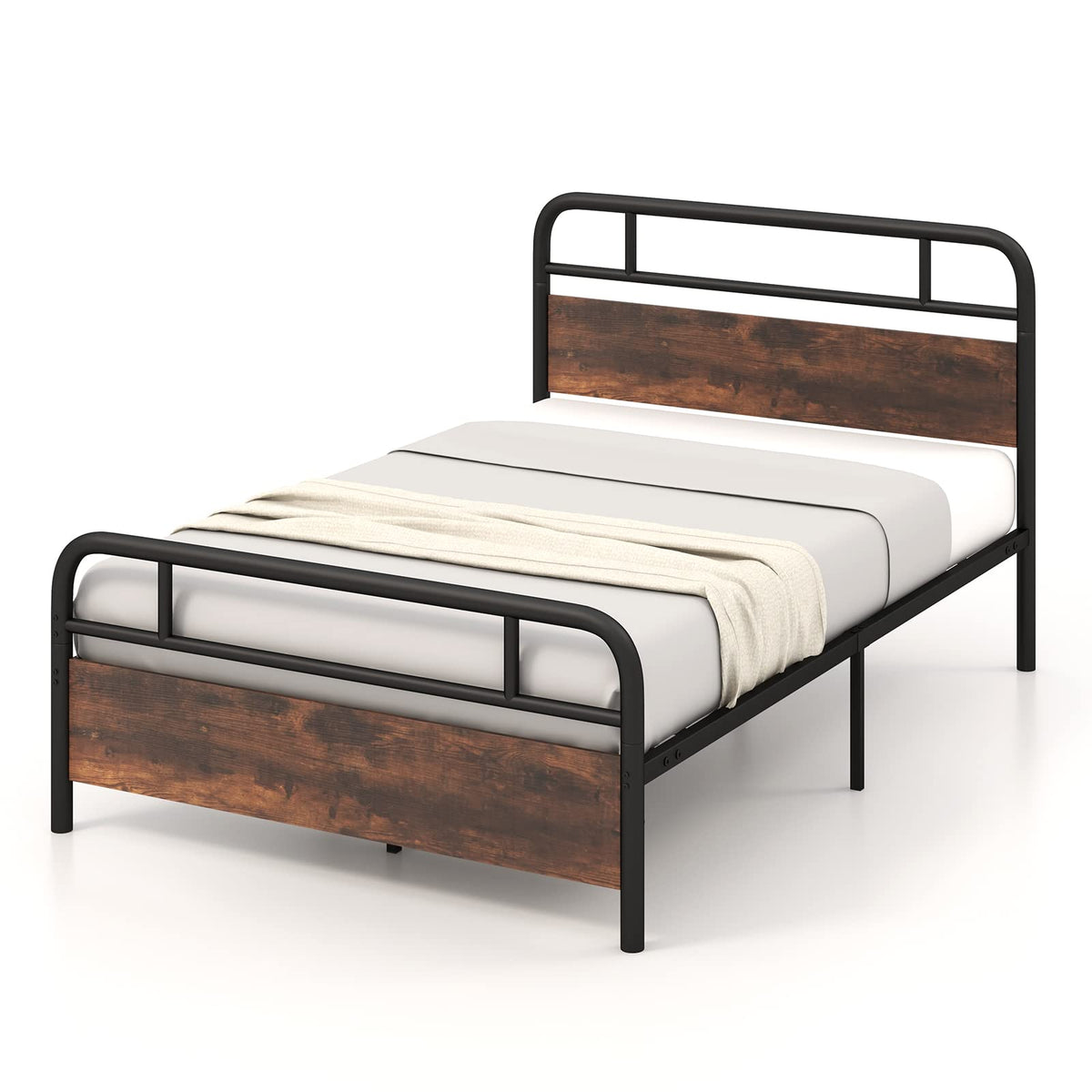 Goflame Full Size Metal Bed Frame with Wood Headboard and Footboard
