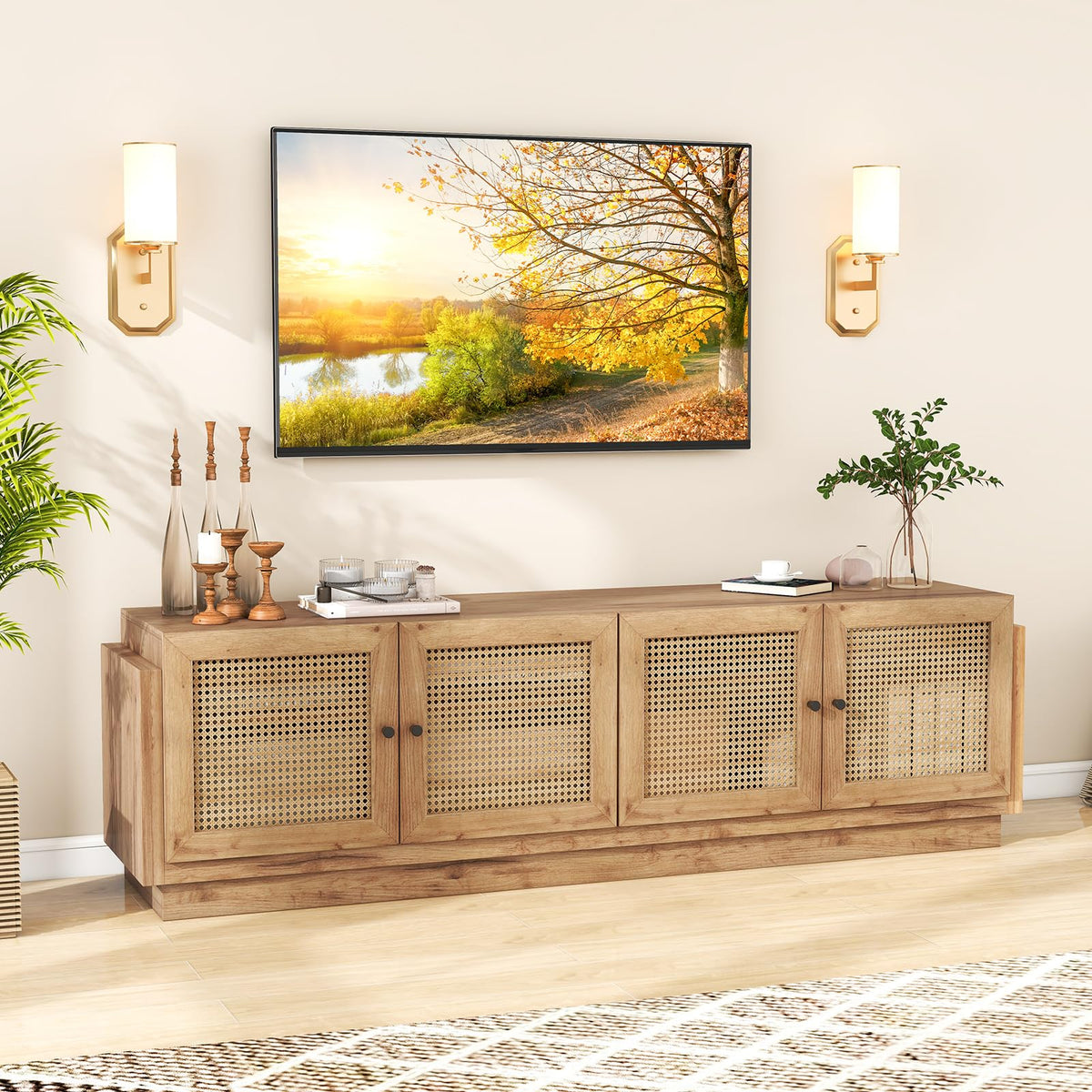 Goflame 4-Door PE Ratta TV Stand for TVs up to 75" with 2 Cabinets