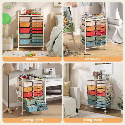 Goflame 15 Drawer Storage Cart | Rolling Craft Cart with Metal Tabletop & Pegboard